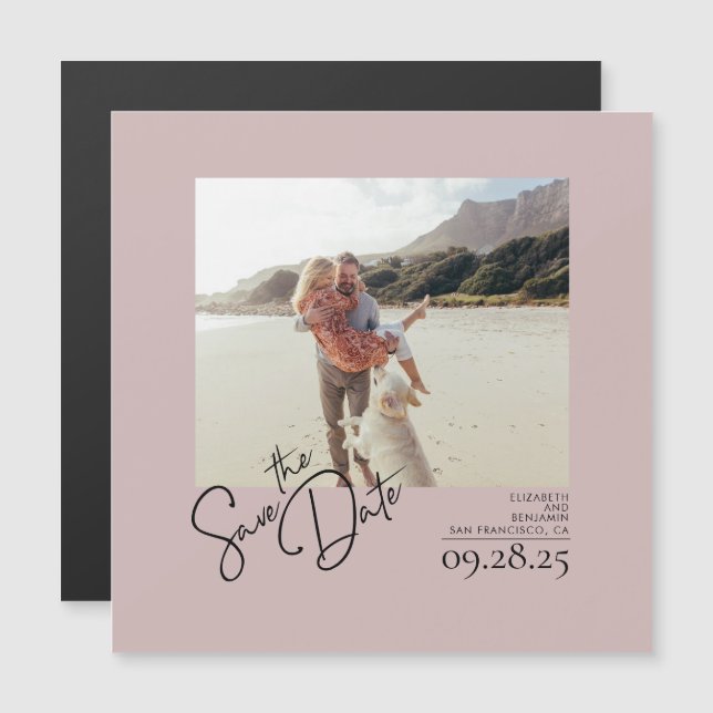 Elegantes modernes, rosa Save the Date Foto Magneteinladung (Vorne/Hinten)