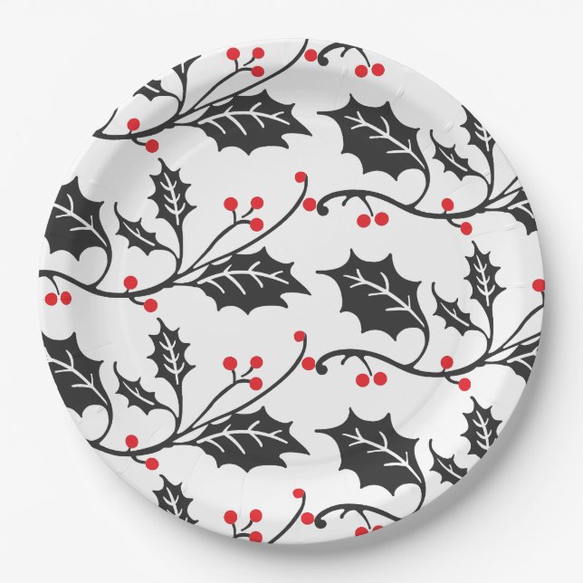 Elegantes modernes Rot-Schwarz-Holly-Muster Pappteller (Vorderseite)