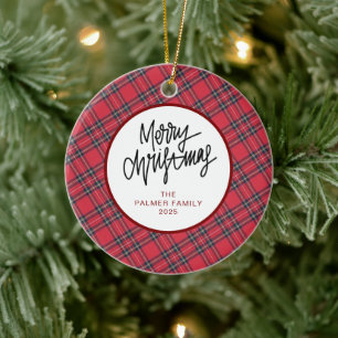 Elegantes modernes rotes kariertes Weihnachtsfamil Keramik Ornament