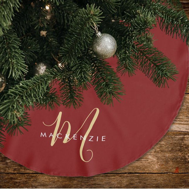 Elegantes modernes rotes Script Monogram Polyester Weihnachtsbaumdecke (Von Creator hochgeladen)