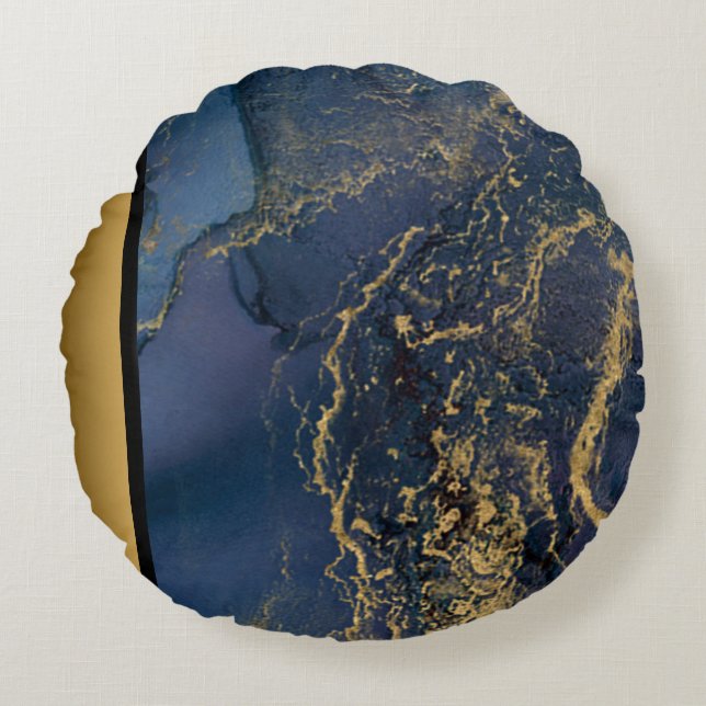 Elegantes, modernes schicke Navy Blue Gold Marmorm Rundes Kissen (Vorderseite)
