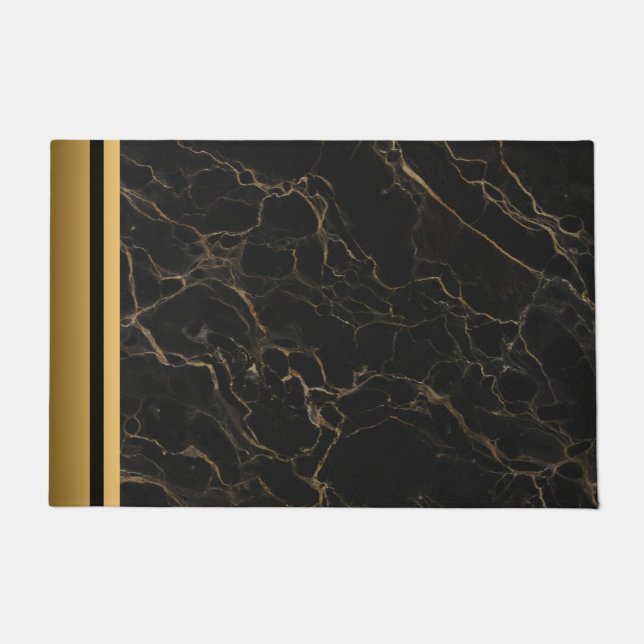 Elegantes, modernes, schicke Schwarz-Gold-Marmor-M Fußmatte (Vorderseite)