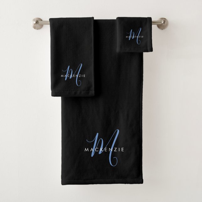 Elegantes, modernes Schwarz-Blau-Script-Monogramm Badhandtuch Set (Insitu)