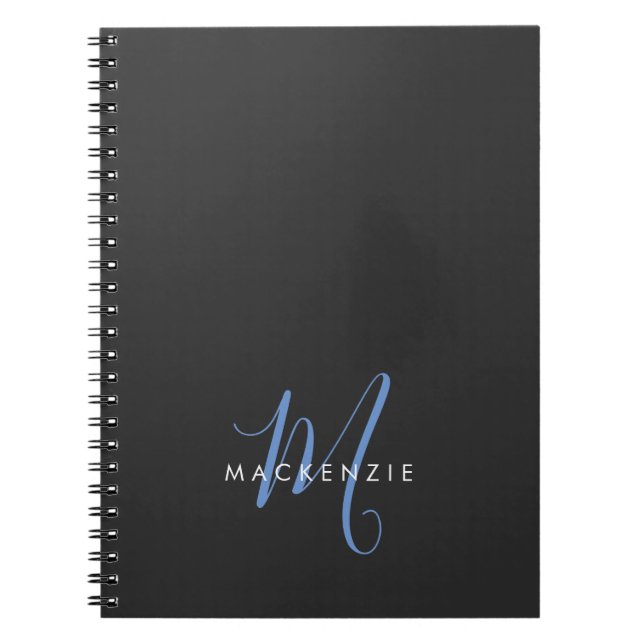 Elegantes, modernes Schwarz-Blau-Script-Monogramm Notizblock (Vorderseite)
