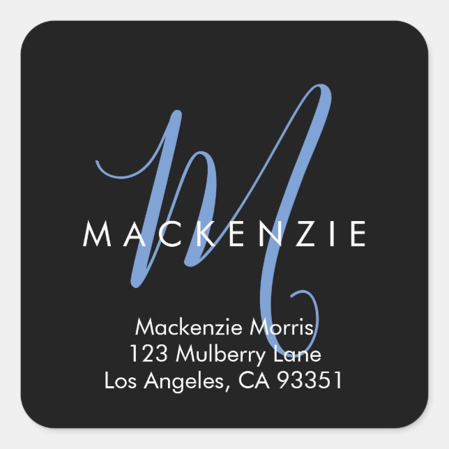 Elegantes, modernes Schwarz-Blau-Script-Monogramm Quadratischer Aufkleber (Vorderseite)