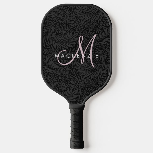 Elegantes, modernes Schwarz-Flora-Rosa-Script-Mono Pickleball Schläger (Vorderseite)