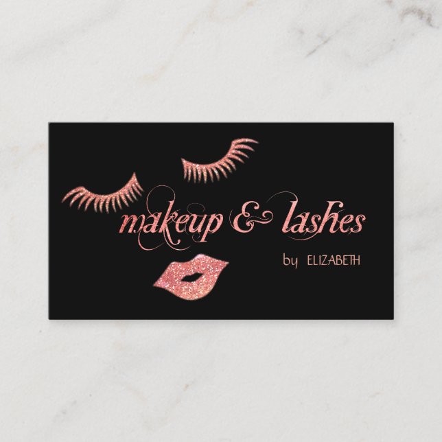 Elegantes modernes Schwarz, Glitzer Lippen, Lashes Visitenkarte (Vorderseite)