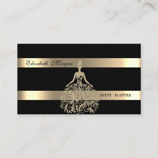 Elegantes modernes Schwarz-Gold-Glitzer-Kleid, ges Visitenkarte (Vorderseite)