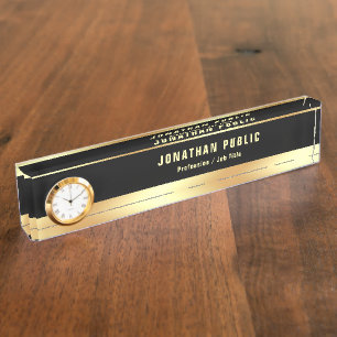 Elegantes, modernes Schwarz-Gold-Template mit Uhr Namensplakette