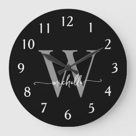 Elegantes, modernes Schwarz-Grau-Monogramm-Namenss Große Wanduhr