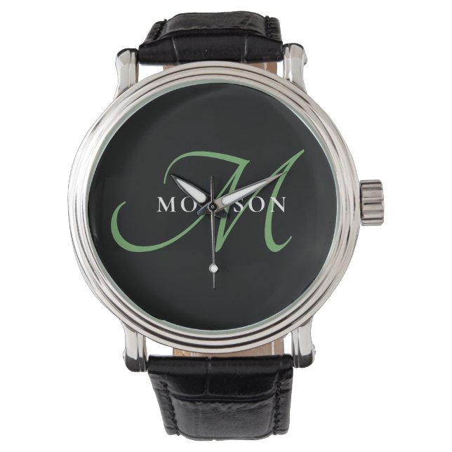 Elegantes, modernes Schwarz-Grün-Script-Monogramm Armbanduhr (Vorderseite)
