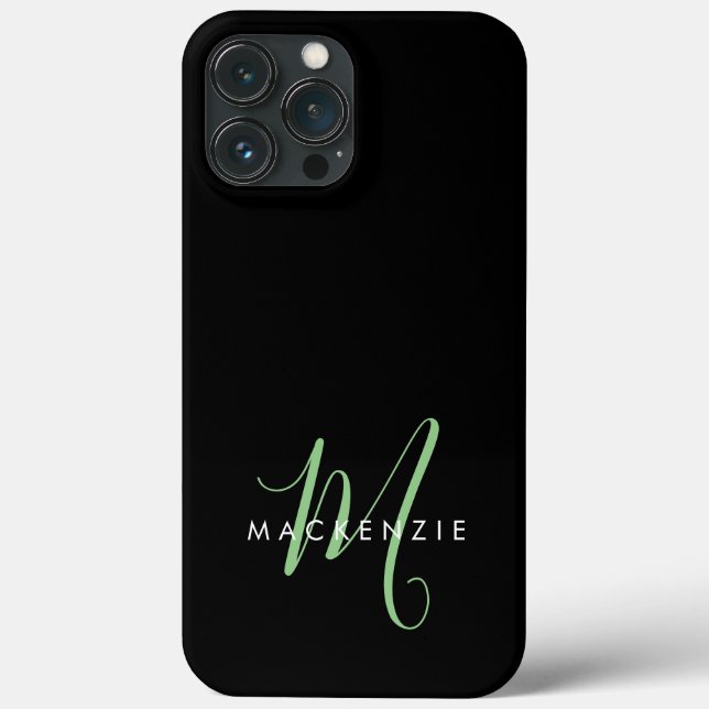 Elegantes, modernes Schwarz-Grün-Script-Monogramm Case-Mate iPhone Hülle (Rückseite)