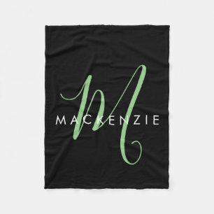 Elegantes, modernes Schwarz-Grün-Script-Monogramm Fleecedecke