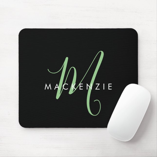 Elegantes, modernes Schwarz-Grün-Script-Monogramm Mousepad (Mit Mouse)