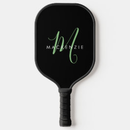 Elegantes, modernes Schwarz-Grün-Script-Monogramm Pickleball Schläger