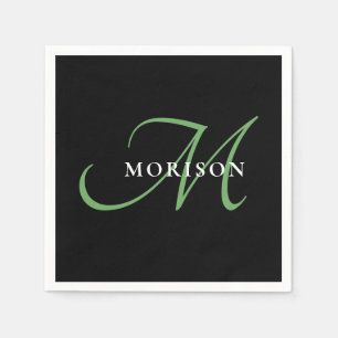 Elegantes, modernes Schwarz-Grün-Script-Monogramm Serviette