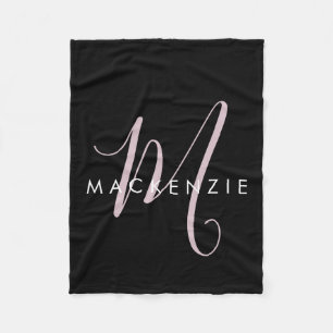 Elegantes, modernes Schwarz-Rosa-Script-Monogramm Fleecedecke