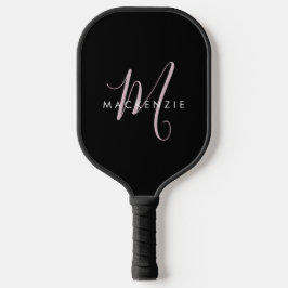 Elegantes, modernes Schwarz-Rosa-Script-Monogramm Pickleball Schläger