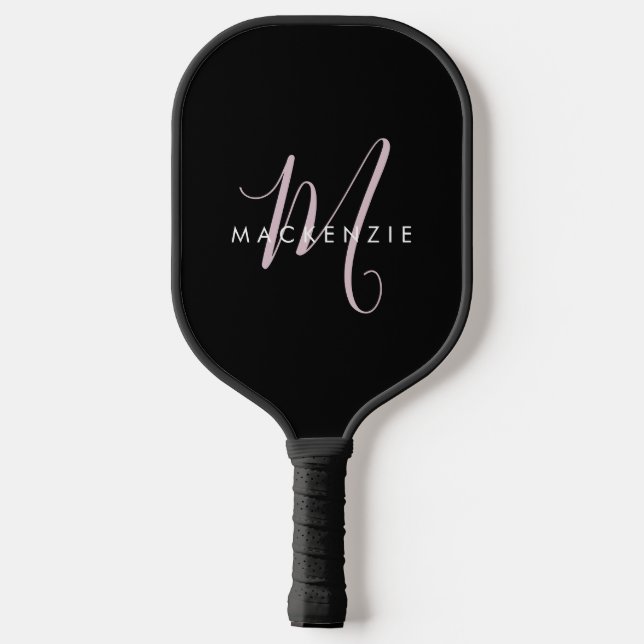 Elegantes, modernes Schwarz-Rosa-Script-Monogramm Pickleball Schläger (Rückseite)