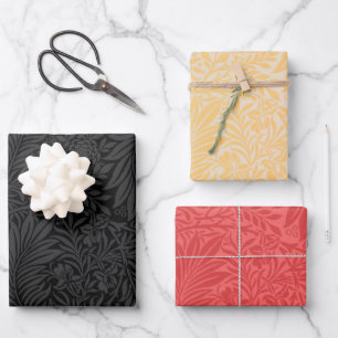 Elegantes modernes Schwarz-Rot-Gold-Blumenmuster Geschenkpapier Set