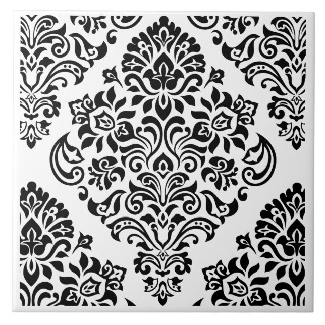 Elegantes, modernes Schwarz-weißes Damask-Muster Fliese (Vorderseite)