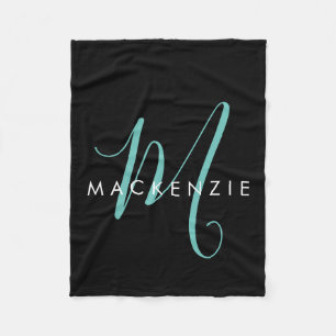 Elegantes, modernes Schwarzes Aquamarines Script M Fleecedecke