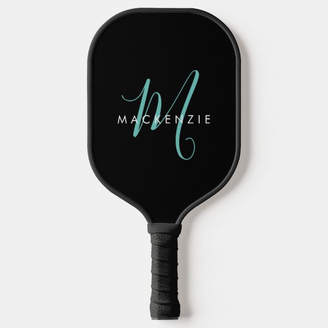 Elegantes, modernes Schwarzes Aquamarines Script M Pickleball Schläger (Vorderseite)