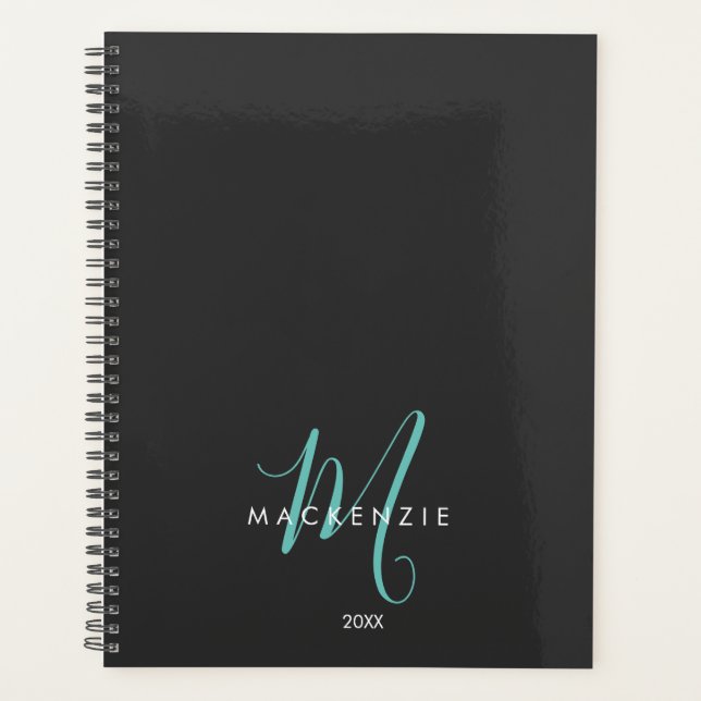Elegantes, modernes Schwarzes Aquamarines Script M Planer (Vorderseite)