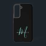 Elegantes, modernes Schwarzes Aquamarines Script M Samsung Galaxy Hülle<br><div class="desc">Elegante moderne Aquamarine Script Monogram Phone Case. Ein elegantes aquamarines Skriptmonogramm kombiniert mit einem sauberen Schriftart aus weißer Schrift verleiht dem Ganzen einen zeitgemäßen Look.</div>