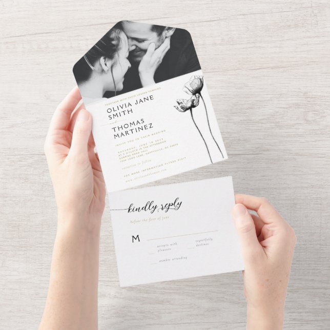Elegantes modernes Schwarzes Foto Hochzeit RSVP All In One Einladung (Abreißen)