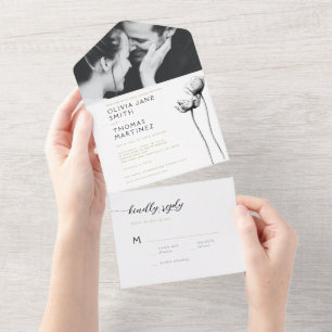 Elegantes modernes Schwarzes Foto Hochzeit RSVP All In One Einladung