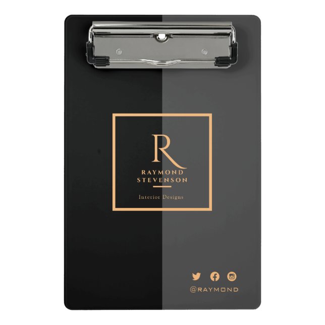 Elegantes, modernes Schwarzes Gold Mit Monogramm Mini Klemmbrett (Vorderseite)