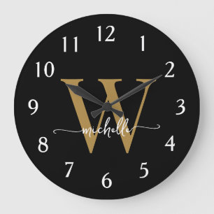 Elegantes modernes schwarzes Gold-Monogramm-Name-S Große Wanduhr