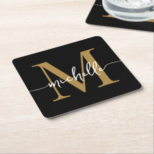 Elegantes modernes schwarzes Gold-Monogramm-Namens Rechteckiger Pappuntersetzer