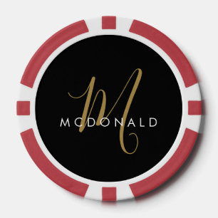 Elegantes modernes schwarzes goldenes Schriftmonog Pokerchips