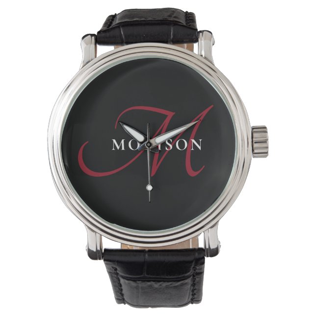 Elegantes, modernes Schwarzes Script Monogram Armbanduhr (Vorderseite)