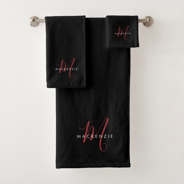 Elegantes, modernes Schwarzes Script Monogram Badhandtuch Set (Insitu)
