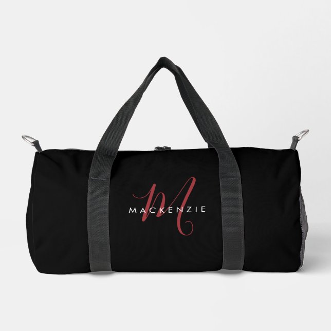 Elegantes, modernes Schwarzes Script Monogram Duffle Bag (Vorderseite)