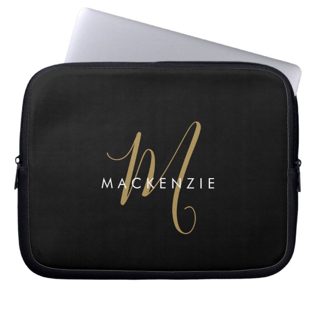 Elegantes, modernes Schwarzes Script Monogram Laptopschutzhülle (Vorderseite)