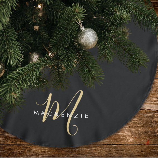Elegantes, modernes Schwarzes Script Monogram Polyester Weihnachtsbaumdecke (Von Creator hochgeladen)