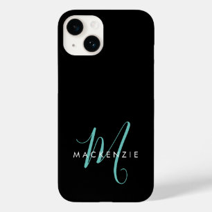 Elegantes modernes schwarzes Teal-Script-Monogramm Case-Mate iPhone 14 Hülle