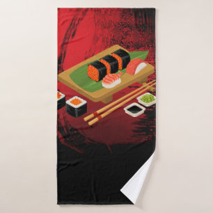 Elegantes modernes schwarzes und rotes Sushi Badhandtuch Set