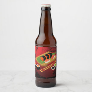 Elegantes modernes schwarzes und rotes Sushi Bierflaschenetikett