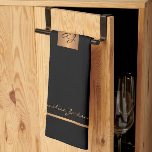 Elegantes modernes Schwarzgold mit Monogramm Geschirrtuch