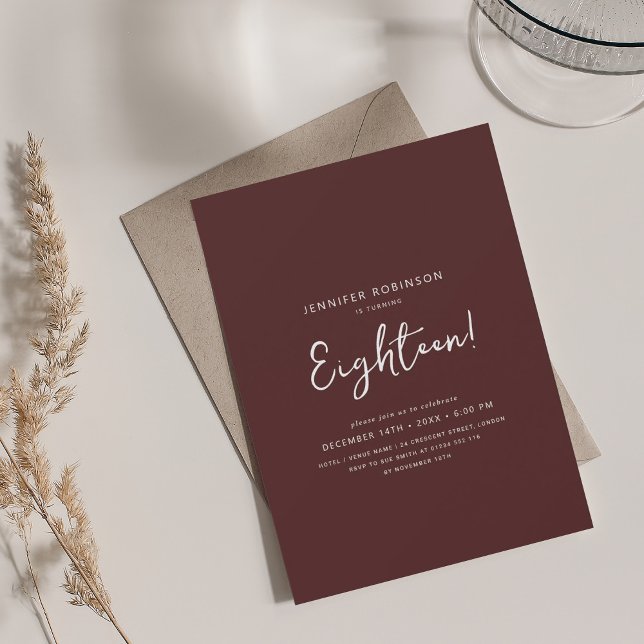 Elegantes, modernes Script 18. Geburtstag Burgund Einladung (Elegant Modern Script 18th Birthday Burgundy Invitation)