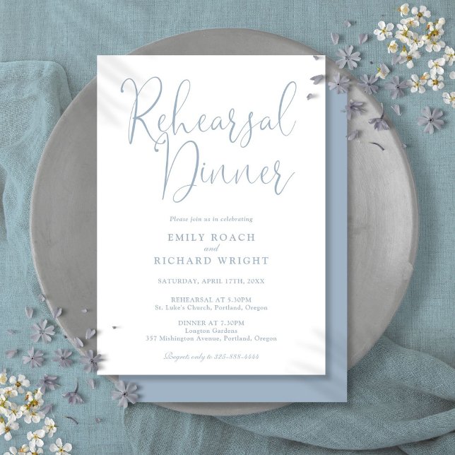 Elegantes, modernes Script Dusty Blue Probe Dinner Einladung (Elegant Modern Script Dusty Blue Rehearsal Dinner Invitation)