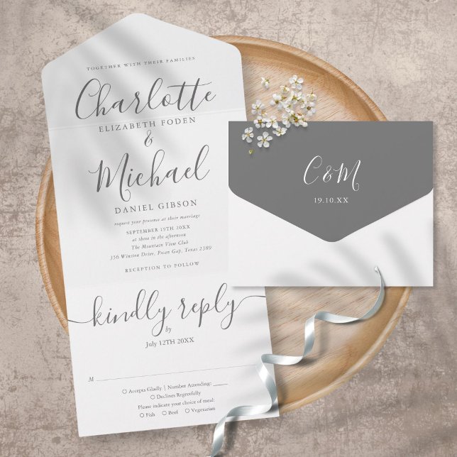 Elegantes, modernes Script Minimalistisch Wedding All In One Einladung (Von Creator hochgeladen)