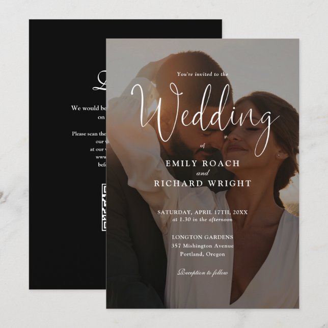 Elegantes, modernes Script QR Code Foto Hochzeit Einladung (Vorne/Hinten)