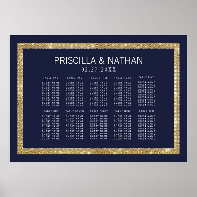 Elegantes, modernes Seating-Chart mit Blue-Gold-Se Poster (Vorne)