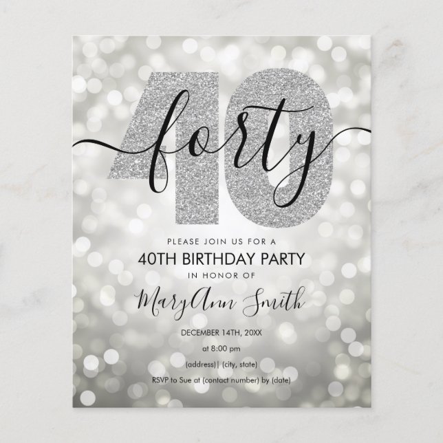 Elegantes, modernes Silber 40. Geburtstag Party la Flyer (Vorne)